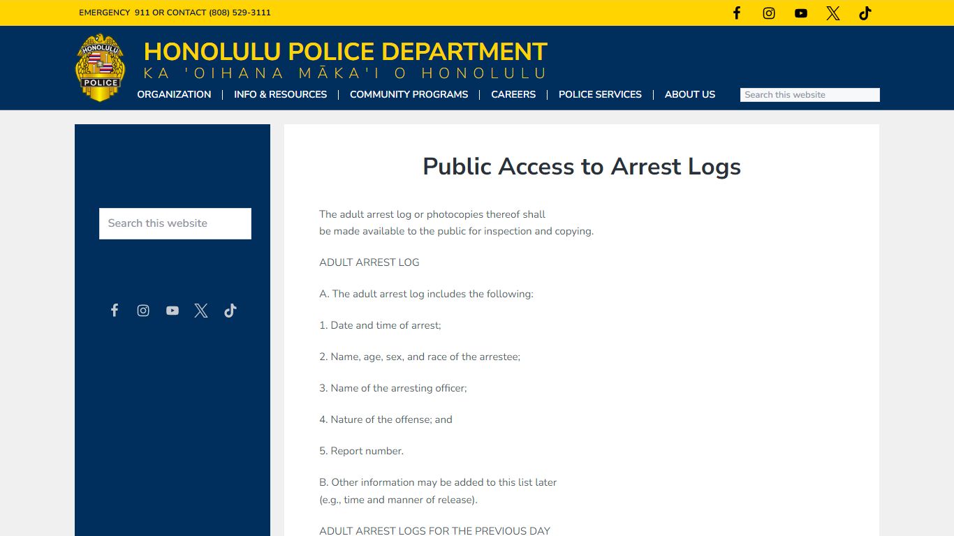 Public Access to Arrest Logs - Honolulu Police Department